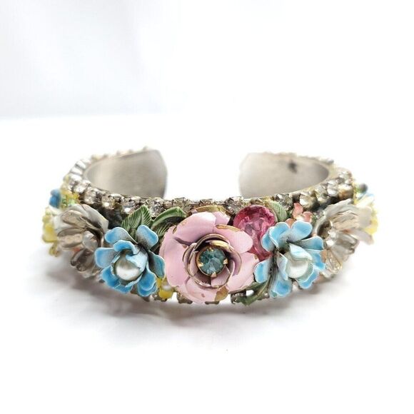 3D Floral Bangle Cuff Bracelet Rhinestones Cottagecore Flower Blue Pink Yellow - Picture 1 of 13